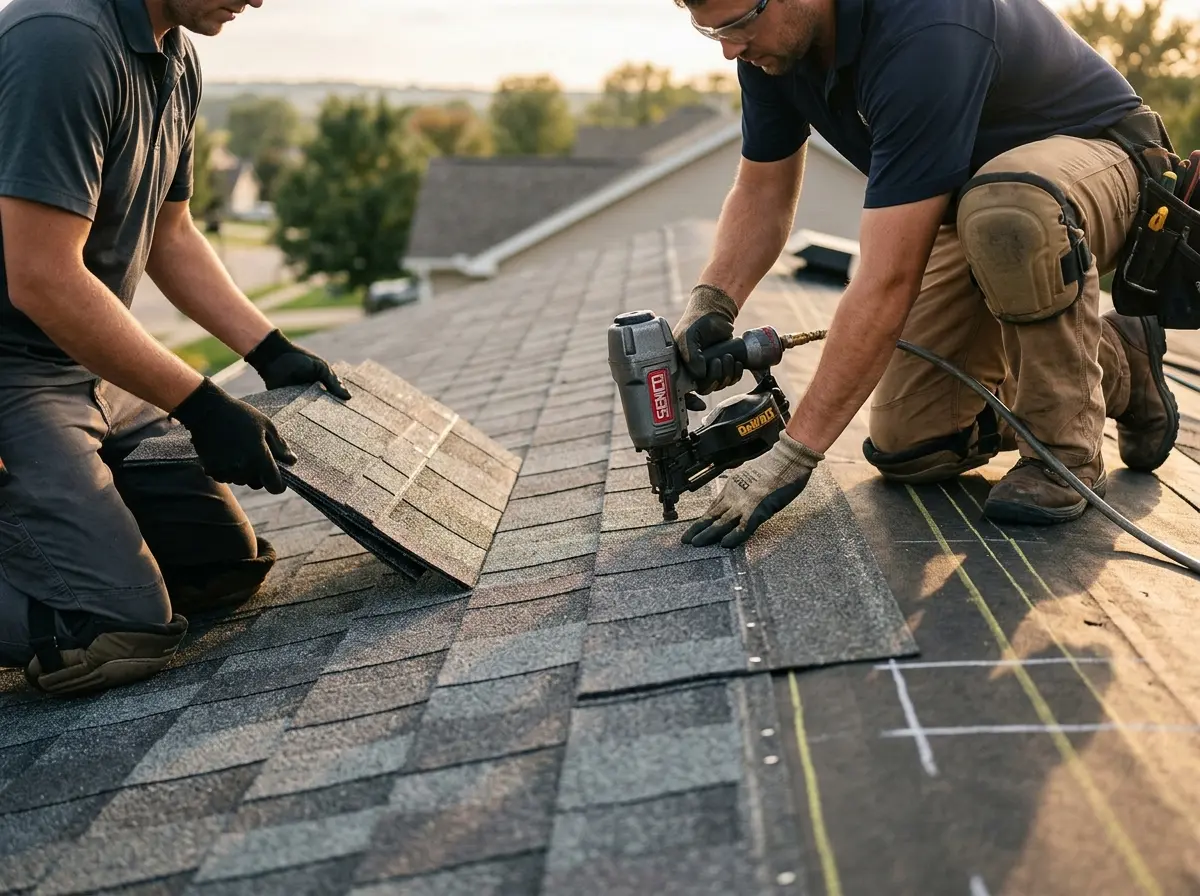 Professional roofer working on a residential roof in South River